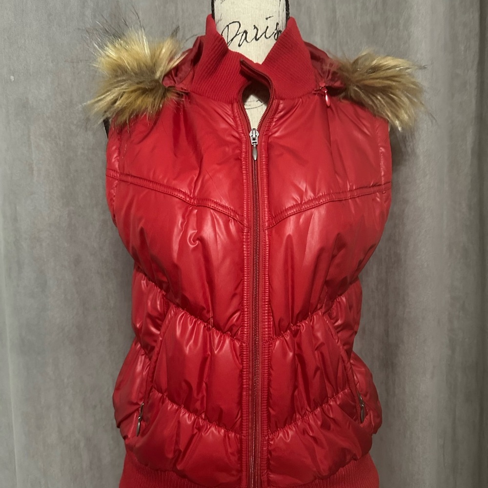 INC Red Puffer Vest with Faux Fur Trim